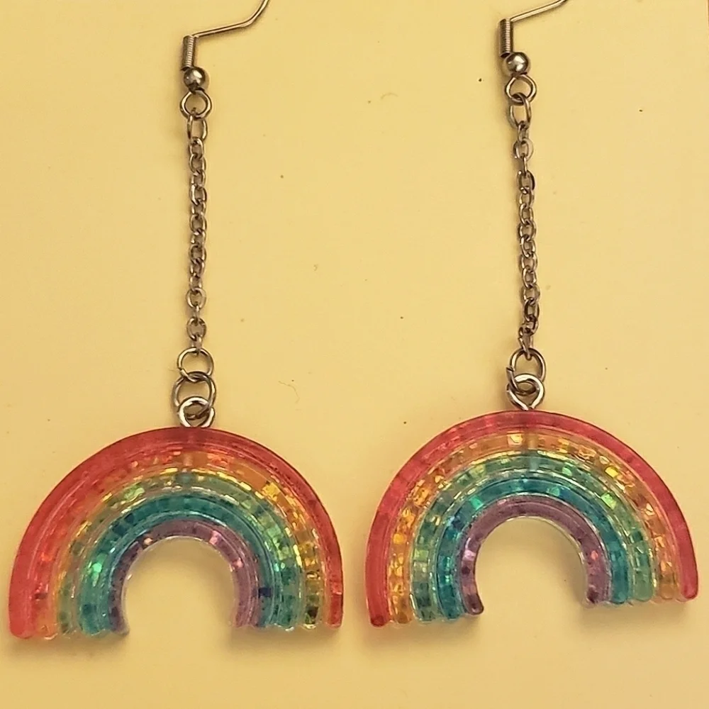 Handmade Rainbow Glitter Dangle Chain Earrings